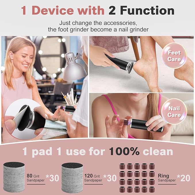 Electric Callus Remover for Feet, Foot File Grinder Tool with Replacement Sandpaper Disk and Nail Drill Bits, Adjustable Speed Foot Sander Pedicure Tools for Men Women Dry Cracked Hard Skin Calluses