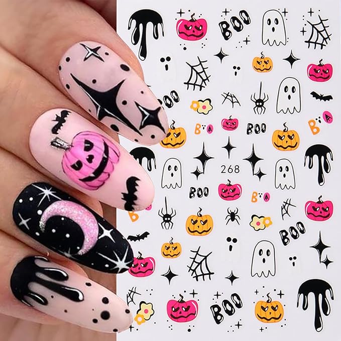 8 Sheets Ghost Nail Art Stickers Halloween Nail Decals 3D Self-Adhesive Bats Spider Web Ghost Autumn Flowers Sticker Nail Design Acrylic Nails Decoration Accessories for Women Holiday Nails