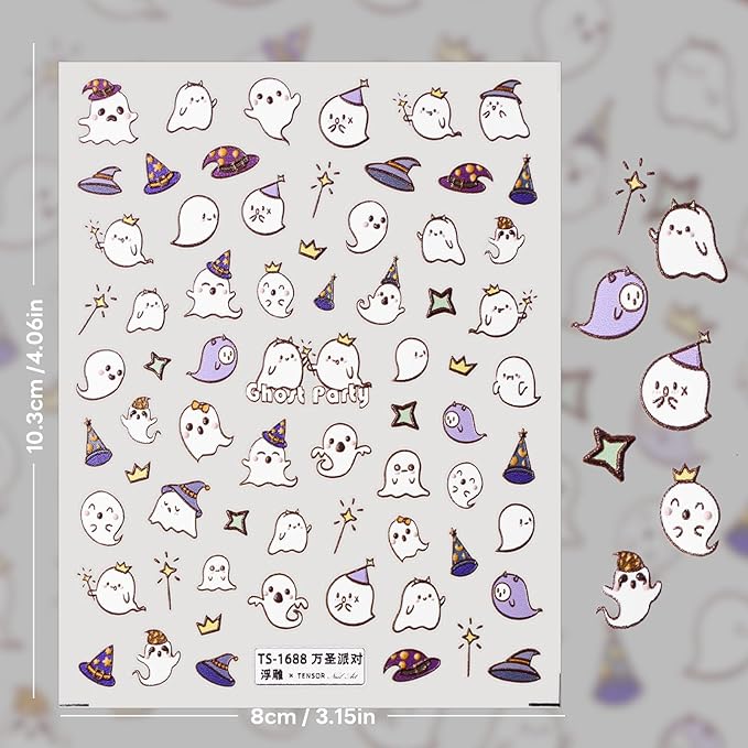 Halloween Nail Stickers for Nail Art - Ghost Party Nail Art Sticker Halloween Cute 5D Embossed Nail Decals Self-Adhesive Nails Supply Manicure Stickers for Nails Decoration