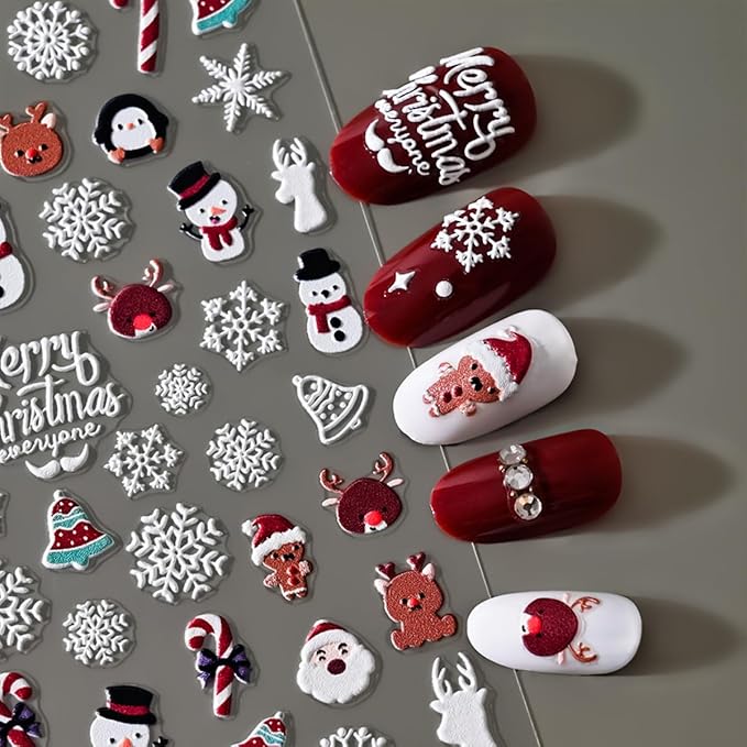 Christmas Nail Art Stickers - 5D Embossed Xmas Nail Decals with Snowflake, Santa Claus, Snowman & Elk Designs for Women & Girls' Winter Holiday Manicure