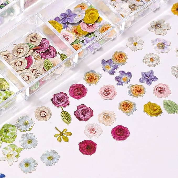 300pcs 3D Flower Nail Art Sequins Decals Colorful Mixed Flowers Leaves Design Slice Nail Flowers Ultra Wood Pulp Flakes Sequins 2