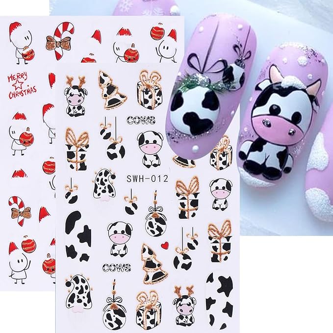 8 Sheets Christmas Nail Art Stickers - 3D Clock Glitter Firework Balloon Design, Candy Cane Cute Cartoon Cow Light Decals for Winter Xmas and New Year's - Supplies for Women Girls