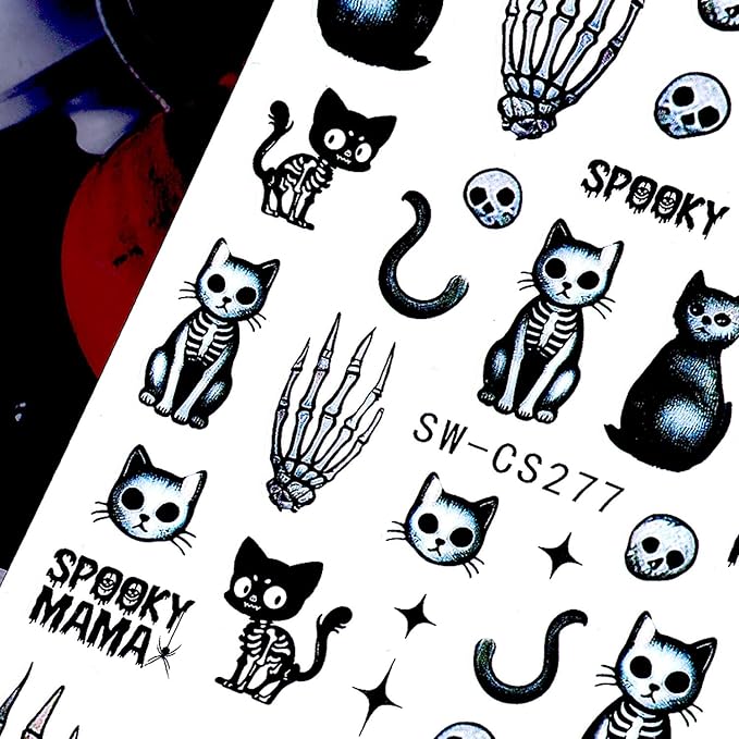 4 Sheets Halloween Nail Stickers Flower and Horror Cat Nail Art Stickers Skeleton Design Nail Decals Halloween Decoration Manicure DIY for Women
