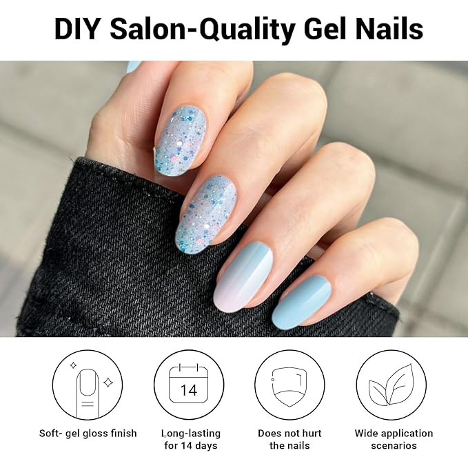 Semi Cured Gel Nail Strips, Summer Blue | 28 pcs Gel Nail Strips Work with Any UV Lamp, Salon Quality UV Nails Stickers, Easy to Apply for Home Nails DIY