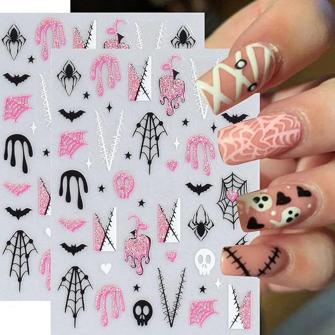 6 Sheets Halloween French Nail Stickers for Nail Art Cute Ghost Spider Web Bat Nail Decals Pink Glitter Pumpkin Blood Nail Design Stickers 3D Self-Adhesive Holiday Nails Art Supply for Women Manicure