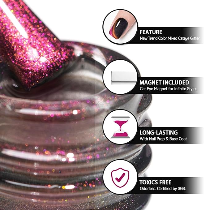 RARJSM Cat Eye Gel Nail Polish Orange to Purple Glitter Velvet Cateye Gel Polish with Magnet Stick Reflective Chameleon Shimmer UV LED Curing Requires Soak Off for Home Salon Nail Art Manicure 15ml