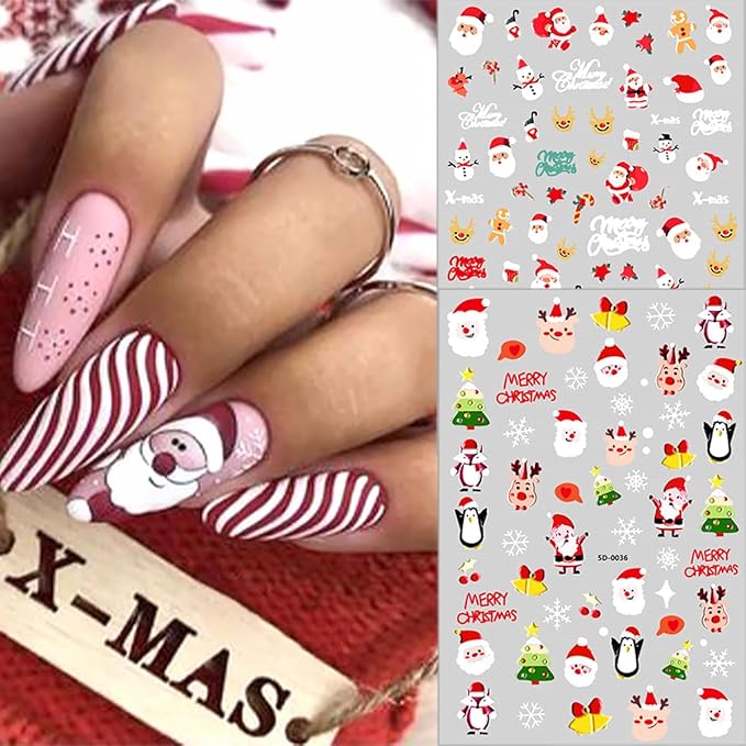 8 Sheets 3D Embossed Christmas Nail Stickers Self-Adhesive Santa Claus Decoration Reindeer Snowflake Gift Xmas Trees Decals Winter Acrylic Nail Art Supplies for Women