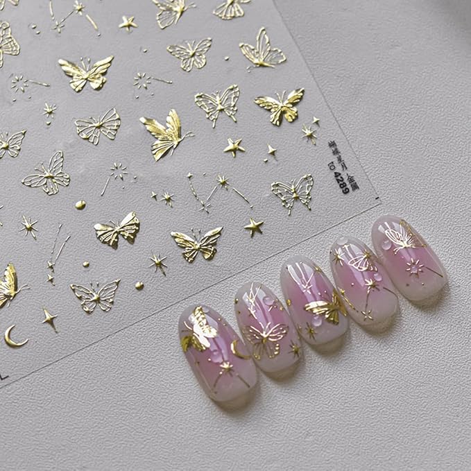 1 Sheets Golden Hot Stamping Butterflies Nail Art Stickers, 5D Self-Adhesive with Stars and Moon Nail Decals for Women, Gold Butterfly Design Spring Nail Stickers for DIY Nail Supplies Decoration