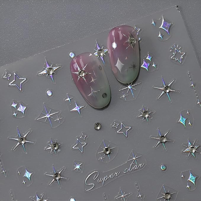 Star Nail Stickers for Nail Art 5D Embossed Self Adhesive Aurora Star Nail Art Stickers Star Nail Decals with Glitter Shiny Nail Art Design Star Nail Supplies for Women for DIY Manicure Decoration