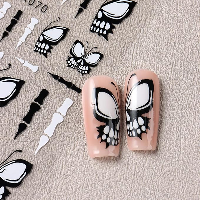 Halloween Nail Art Stickers 3D Self-Adhesive Halloween Nail Decals Nail Art Supplies 6PCS Black White Butterfly Wing Bone Ghost Face Glitter Spider Manicure Stickers for Women DIY Nail Decorations