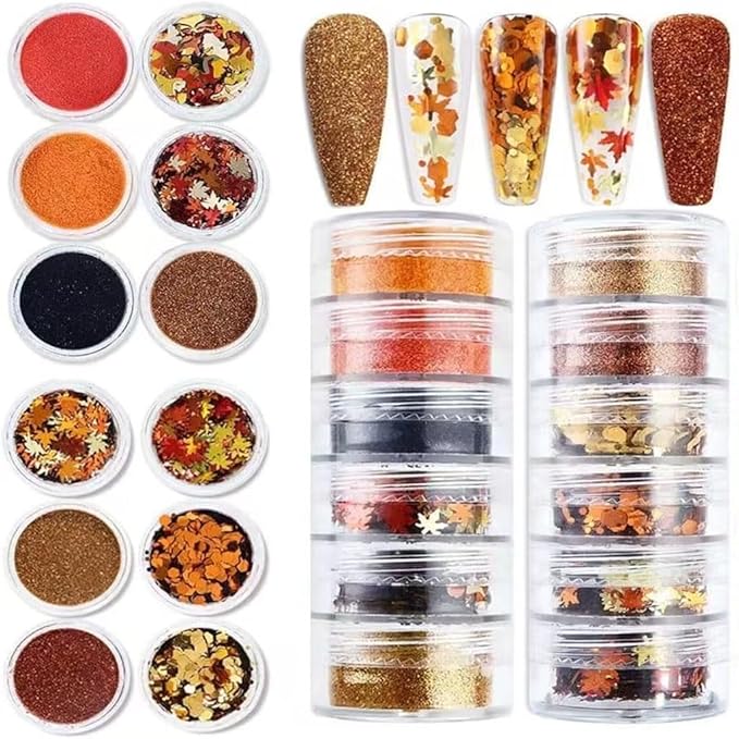 Fall Nail Art Glitters Sequins, 12 Boxes Maple Leaf Nail Art Decoration Flakes 3D Leaf Nail Decals Gold Orange Nails Art Designs Holographic Thanksgiving Day Glitters for Nails Decorations