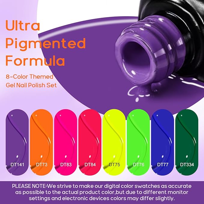 MEET ACROSS Neon Gel Nail Polish Set, 8 Colors Orange Yellow Green Blue Hot Pink Red Purple Spring Summer Nail Polish Kit Fluorescent Gel Polish Set for Home DIY Manicure Nail Salon