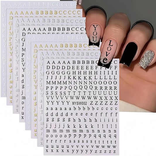 8 Sheets Letter Nail Stickers - 3D Self-Adhesive English Alphabet Nail Decals - Black, White, Gold, Silver - Big & Small Letter Nail Art Design Stickers for DIY Acrylic Nail Art Decorations & Charms