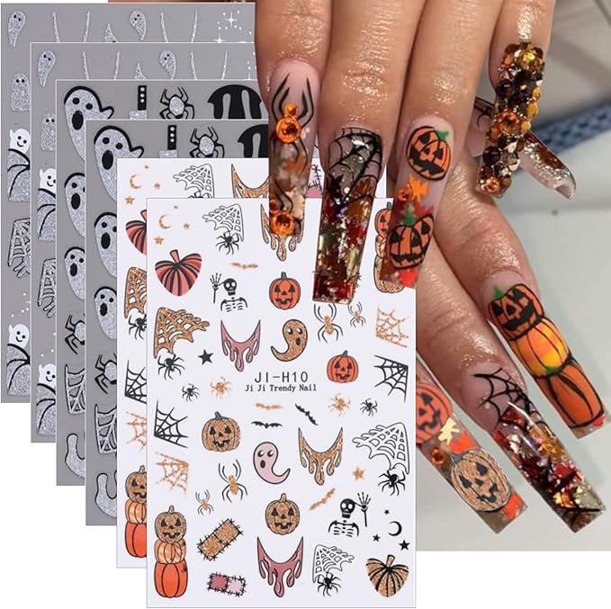 6 Sheets Cute Halloween Nail Art Stickers Evil Pumpkin Ghost Nail Stickers 3D Self-Adhesive Goth Skeleton Spider Web Bat Nail Decals Gothic Halloween Nail Decorations for Acrylic Nail Supplies