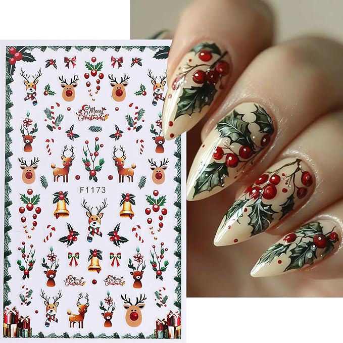 5pcs/Set Christmas Nail Stickers Santa Claus Tree Bell Deer Snowflake Snow Candy Cartoon Elk Nail Art Design 3D Adhesive Nail Stickers for Winter New Year Sliders Decals Manicure Supplies Decoration