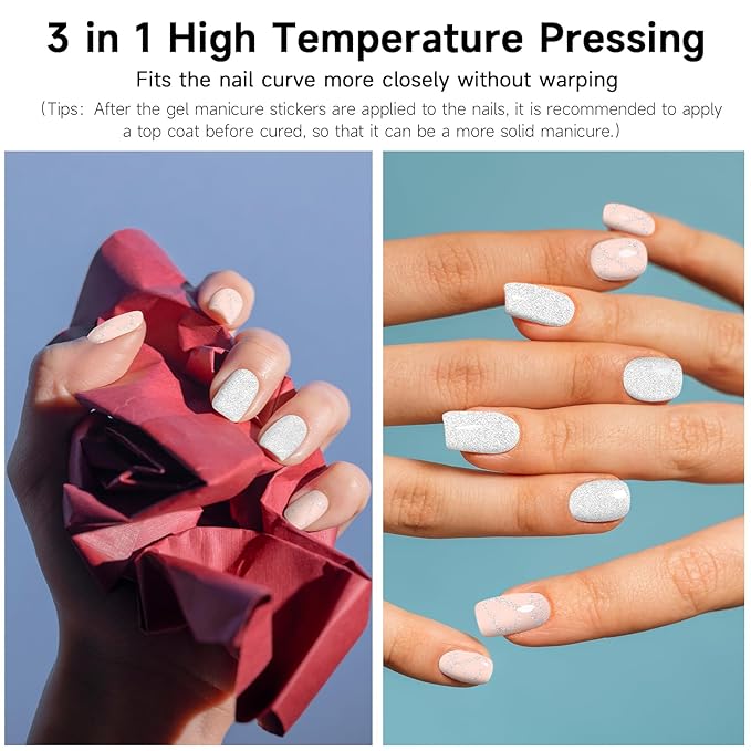 Semi Cured Gel Nail Strips,28 Pcs Gel Nail Stickers Wraps (Glitter Heart),Long Lasting Polish Strips with UV Light, Easy to Apply