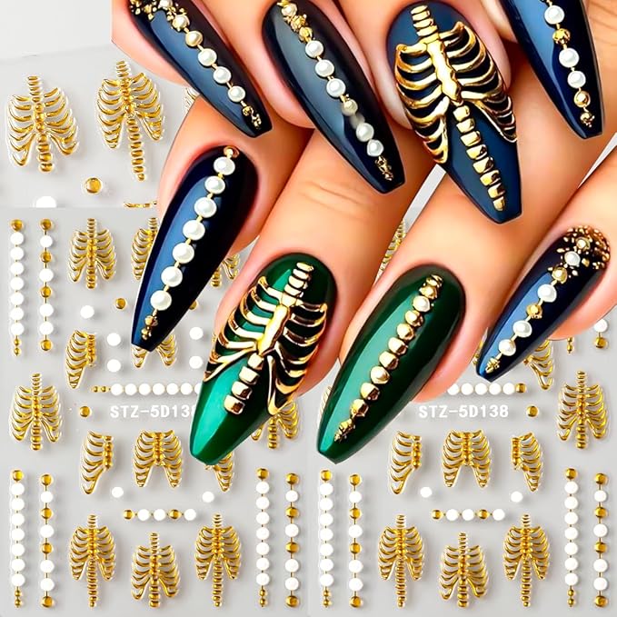 6Pcs Halloween Nail Stickers for Nail Art, 5D Embossed Skeleton Decals Self-Adhesive Nails Supplies Rose Gold White Bone Skeleton Designs Goth Nail Stickers for DIY Manicure Decor