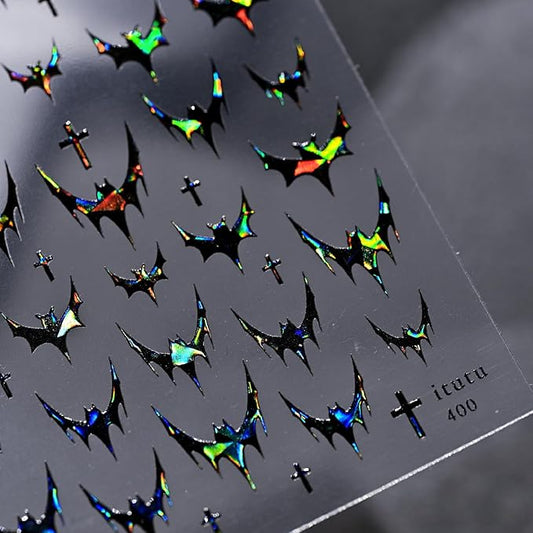 Halloween Nail Art Stickers Decals Dark Black Bat Nail Stickers 1PCS 3D Embossed Laser Bat Cross Gothic French Design Halloween Nail Decals Manicure Sliders for Women DIY Nail Art Decorations Supplies