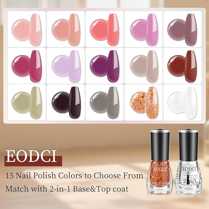 16 PCS Nail Polish Set, 15 Colors Quick Dry Nail Polish Kit With 2in1 Base/Top Coat Nude Pink Purple White Colors Finger Nail Polish Pack Glossy Toenail Polish DIY Gifts for Women