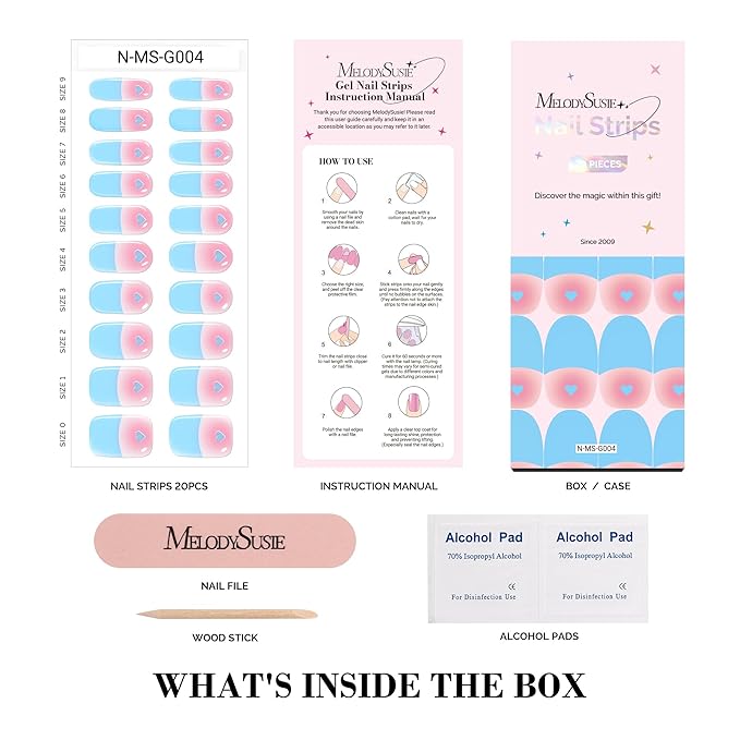 MelodySusie Semi Cured Gel Nail Strips, 20 PCS Gel Nail Stickers, Gel Nail Wraps, UV Light Required, Durable and Salon Quality (Blue and Heart)