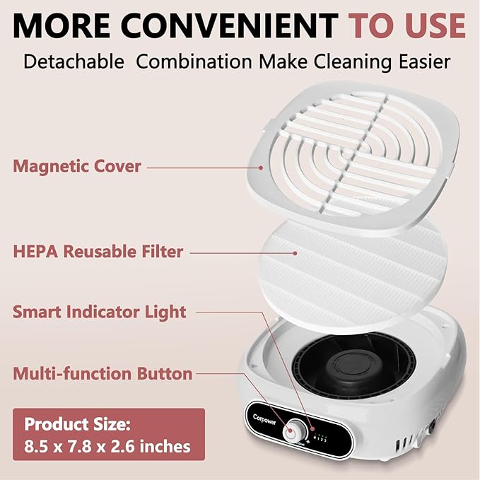 Nail Dust Collector, Professional Brushless Turbo Dust Collector Nail Tech with Reusable Filter,Powerful Nail Vacuum Fan Dust Extractor Manicure Tool for Nail Polishing,Salon & Home (White)