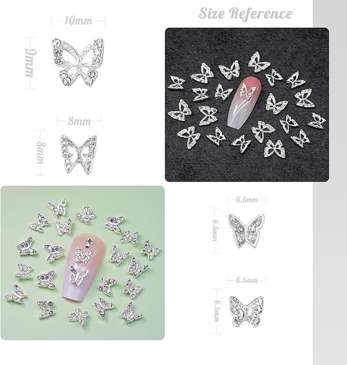Silver Butterfly Nail Charms, 40pcs 3D Butterfly Charms for Acrylic Nails, 30 Butterflies Nail Rhinestones Gems Charms +10 Nail Alloy Studs, Nail Art Jewels Diamonds Gems Decor Supplies for Nails DIY