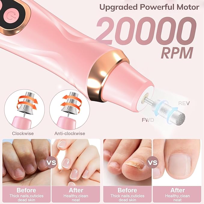 Professional Manicure Pedicure Kit Cordless Electric Nail File Set 6 Speed Cordless Nail Drill for Thick Nail Toenail Cuticle Hand Foot Care Nail Drill Tool(Peach)