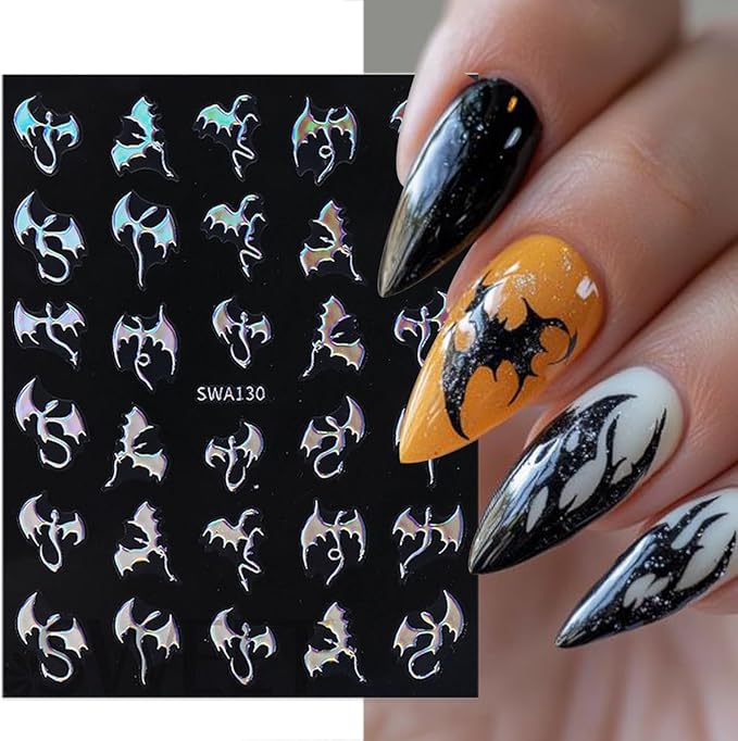 6 Sheets Halloween Nail Stickers 3D Self-Adhesive Dragon Nail Art Stickers Glitter Laser Gold Bat Design Horror Gothic Nail Decals Nail Art Supplies for Women Acrylic Manicure Decorations