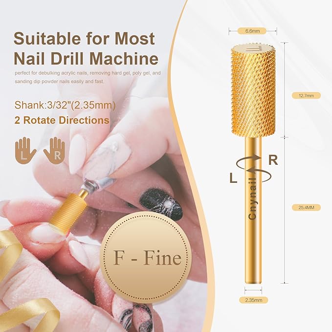 3/32" Large Barrel Flat Top Tungsten Carbide Nail Drill Bit Safety Bit for Gel & Acrylic Removal, 2-Way Rotating Efile Tip, Salon Electric File Accessory (F Grit, Gold)