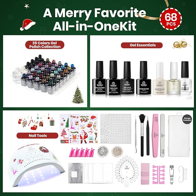 Beetles Christmas Gel Nail Polish Kit 66 Pcs with U V Light - 35 Color Gel Nail Kit Gifts for Teens Girls Women Soak Off Emotional Spectrum Red Winter Manicure Nails Decoration Tool Home DIY Set
