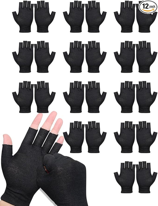 12 Pairs Black Cotton Fingerless Gloves Moisturizing Night, Uv Sun Protection Gloves for Driving