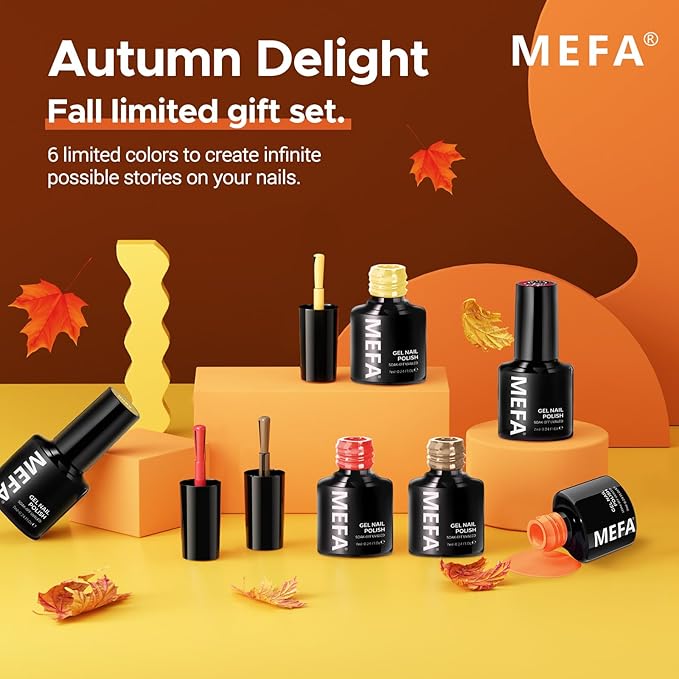 MEFA 6 Colors Fall Gel Nail Polish Set, Shades Orange Red Brown Glitter Yellow Soak Off Gel Polish Spring Summer Tones Nail Art Design Salon Home Manicure Kit Gifts