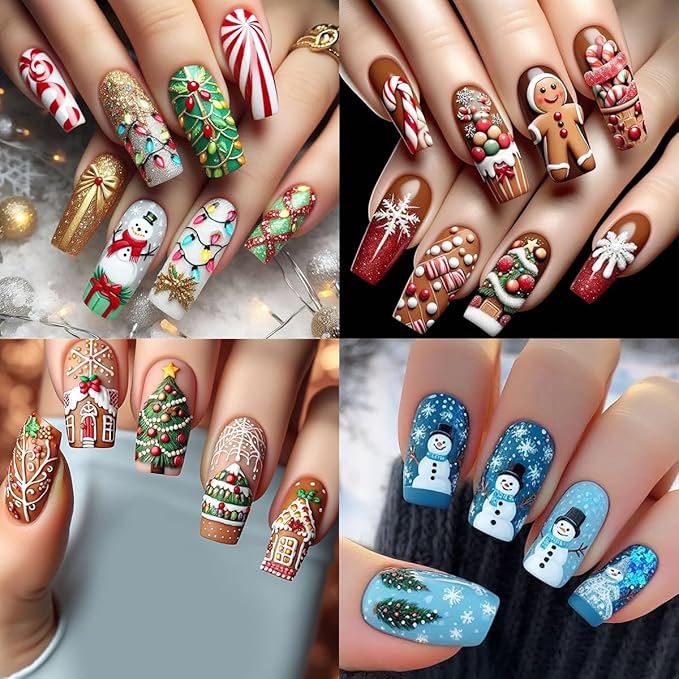 5D Embossed Christmas Nail Art Stickers Winter Cute Christmas Tree Snowflake Snowman Santa Claus Gift Nail Stickers Xmas Holiday Nail Decals for Women DIY Manicure Tips Nail Decorations 4 Sheets