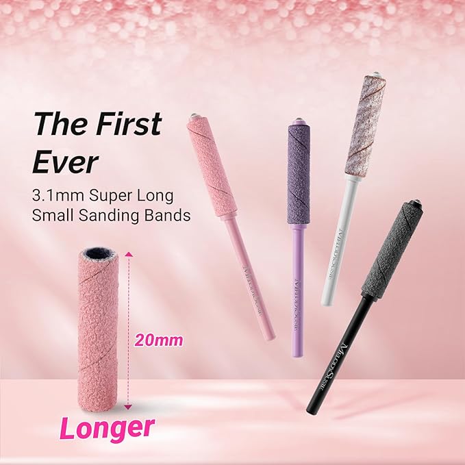 MelodySusie 50 Pcs Nail Drill Bits Super Long Small Sanding Bands with 3.1mm Crystal Mandrel Bit, 180 Fine Grit Nail File for Acrylic Nails Gel Manicures and Pedicure, Pink