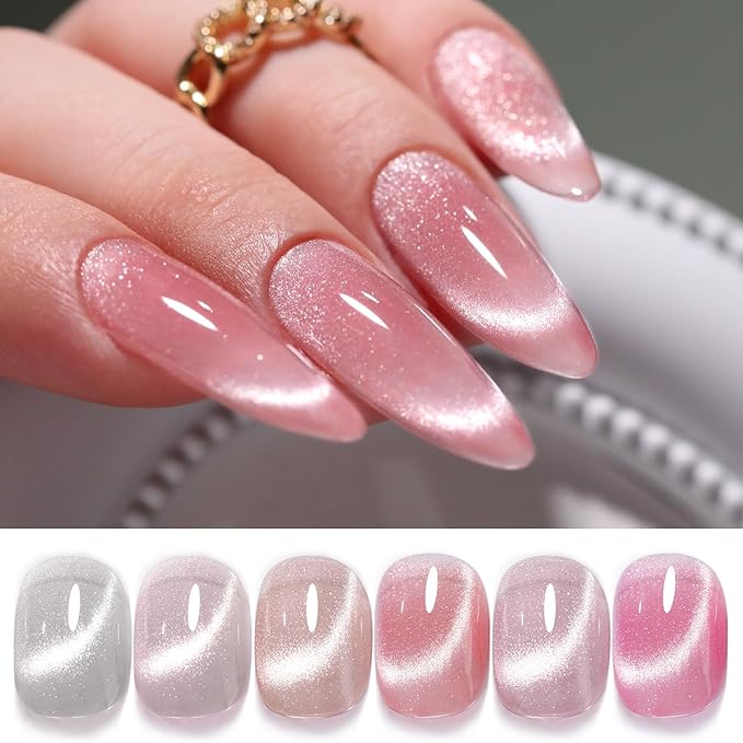 Double Rhythm 6 Colors Cat Eye Gel Polish Set Shimmer Glitter with Magnet Holographic Reflective Magnetic UV Nail Art Kit (6-Kit 14)