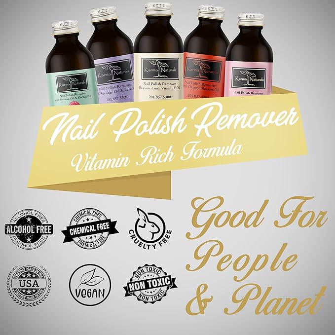 Karma Organic Natural Nail Polish Remover Unscented with Vitamin E Oil - Non Toxic, Vegan, Cruelty Free, Acetone free – Nails Strengthener for Fingernails – 4 fl. Oz.