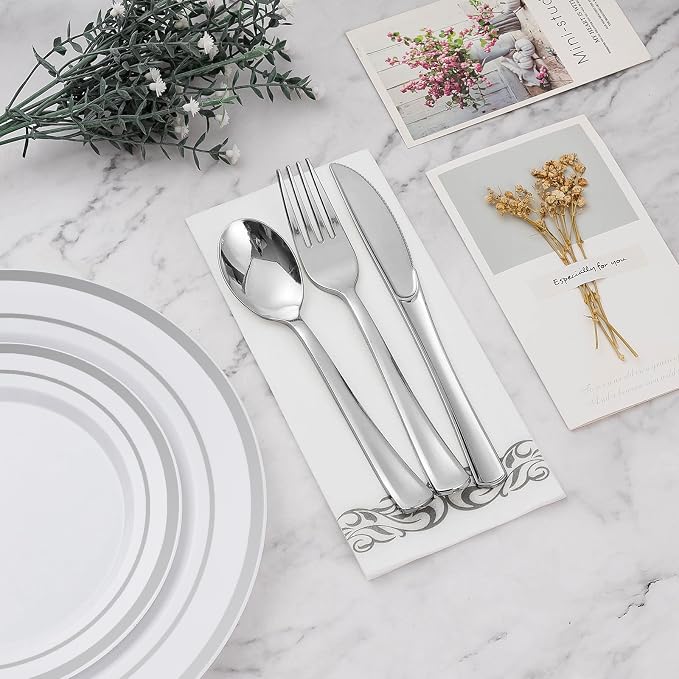 BESTVIP 350 PCS Disposable Silver Plates and Silverware Set - Image 6