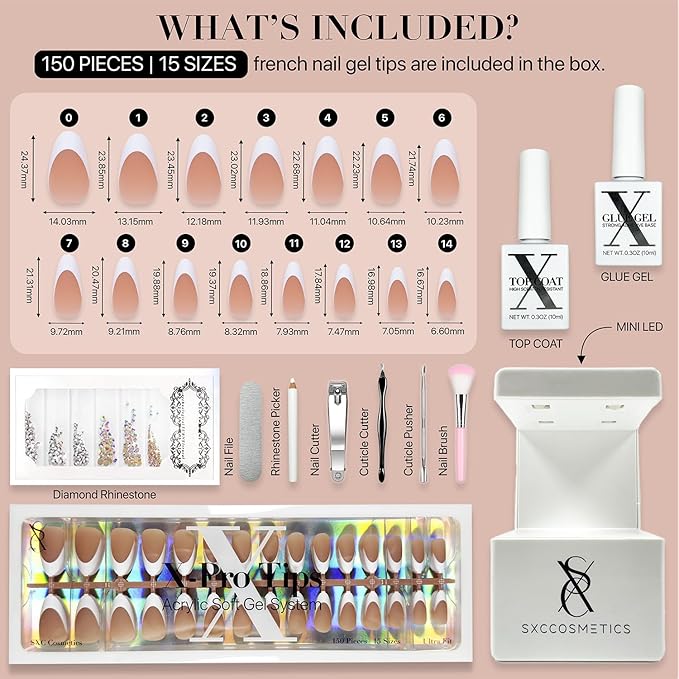 SXC Cosmetics French Tip Press On Nails Brown Series, Medium Almond X-Pro Tips Starter Kit