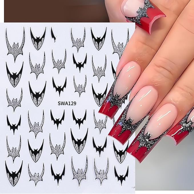 Halloween Nail Art Stickers, Glitter Dark Bat Nail Decals 3D Self-Adhesive with Sparkle Gold Sparkle Silver Bat Design 4PCS Halloween Nail Art Supplies for Women