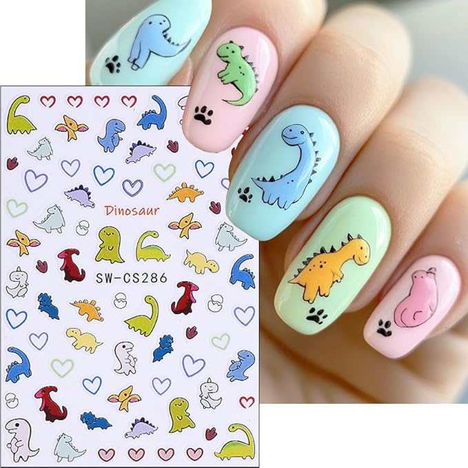 6Pcs Cute Dinosaur Nail Art Stickers 3D Self Adhesive Kawaii Nail Decals Cute Nail Stickers Colorful Animal Aircraft Summer Nail Design Sticker Heart Nail Art Supplies for Women Manicure Accessories