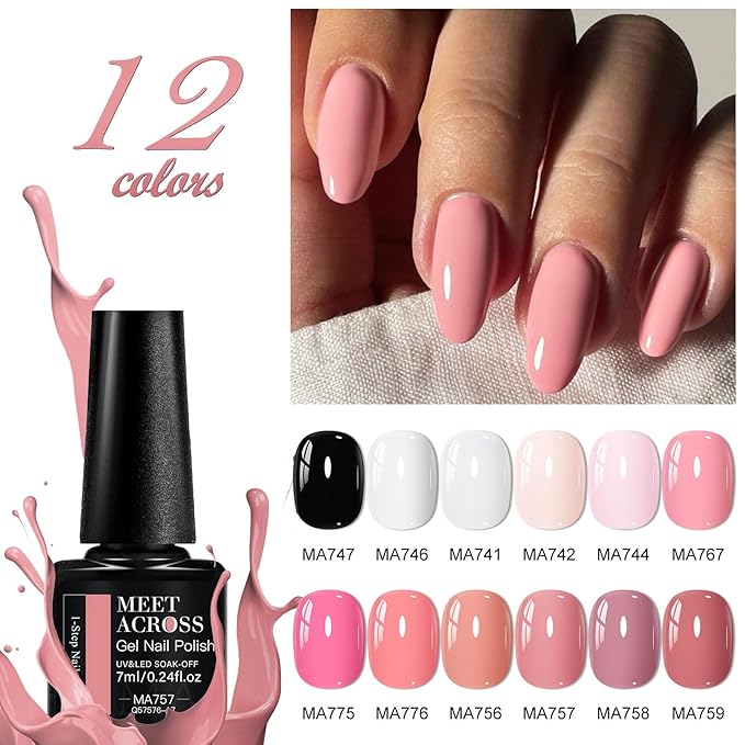 MEET ACROSS One Step Gel Nail Polish 12 Colors All-in-One Step Gel Polish Milky White Peach Soak Off LED/UV Lamp DIY Salon Manicure at Home Gift for Women & Girls