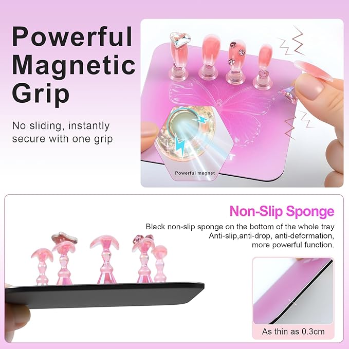 Nail Stand Brush Set, Magnetic Stands with Metal Base Art Palette, Reusable Nail Tips Display Practice Acrylic Holder with 200pcs Sticky Tabs and Tools for Home DIY Salon Supplies-Pink