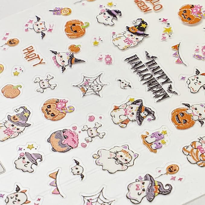 Halloween Nail Stickers for Nail Art - Cute Cat Ghost Nail Art Sticker Halloween 5D Embossed Nail Decals Self-Adhesive Nails Supply Manicure Stickers for Nails Decoration