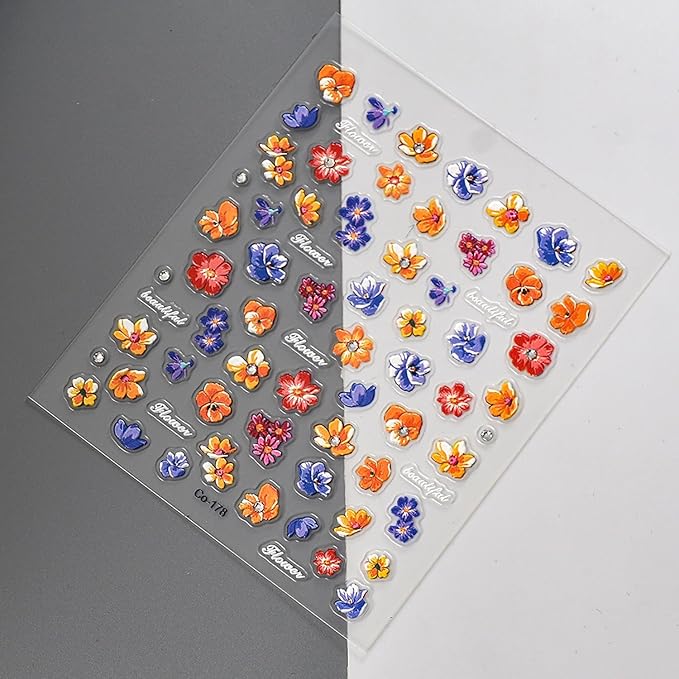 Flower Nail Stickers for Nail Art - 5D Embossed Flowers Nail Art Stickers Summer Floral Petals Rhinestones Embossed Nail Decals Self-Adhesive Manicure Sliders Flower Sticker for Nails Decoration