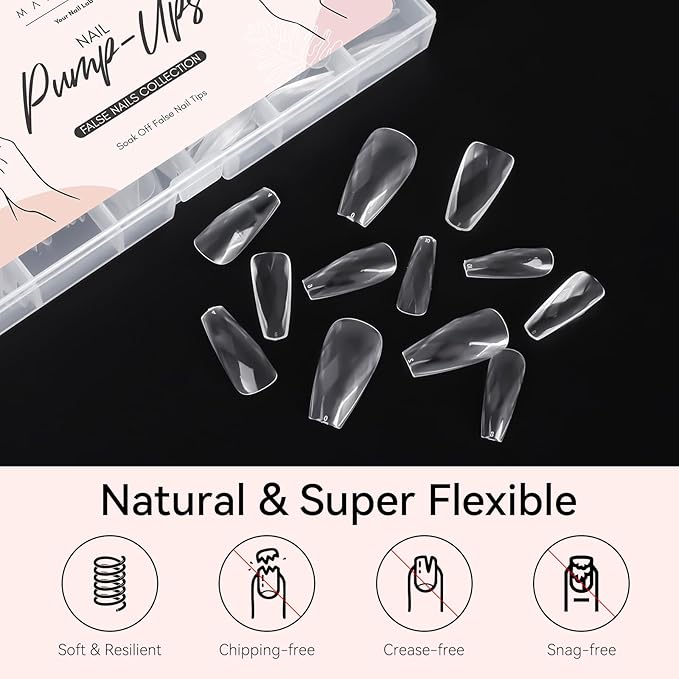 Makartt Medium Coffin Soft Gel Nail Tips: 120pcs 3D Diamond-Shaped Fake Nails Extension, 12 Sizes Full Cover Clear Press-On Tip, Natural Rhombus Lattice, Suit for Chrome Nail Powder