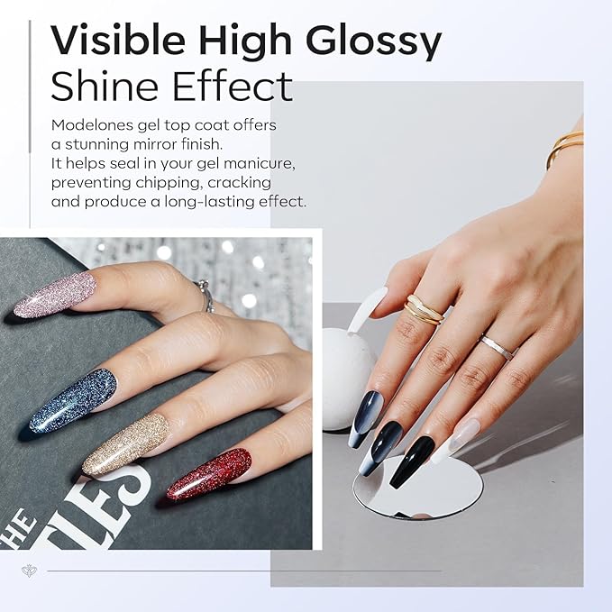 modelones Gel Top Coat, 2Pcs Clear Glossy Finish No Wipe Top Coat Fall Gel Nail Polish, Acrylic Nails Soak Off Nail Lamp Nail Art Home and Professional Manicure 10ML