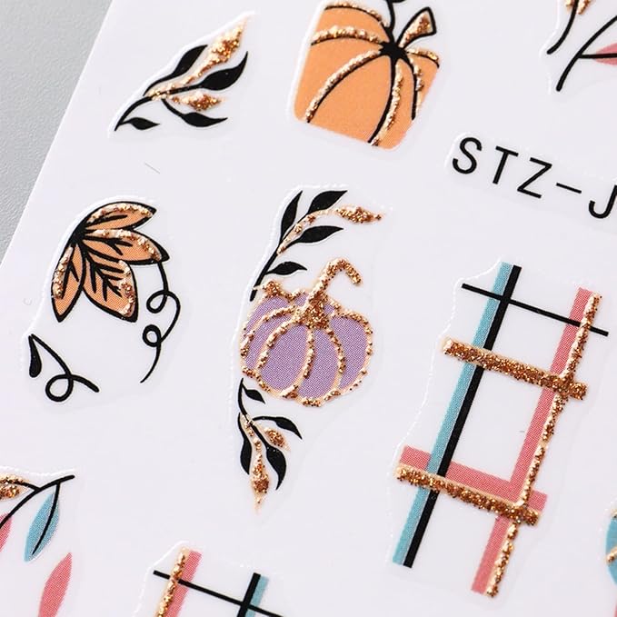 6Pcs Fall Nail Stickers for Nails Art Cute Pumpkin Nail Decals Maple Leaf Nail Art Stickers 3D Self-Adhesive Autumn Leaf Nails Supplies Thanksgiving Manicure Sliders for Women Nails Art Decorations