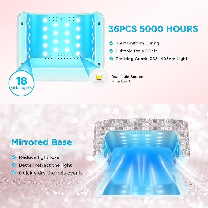Aedavey Cordless UV Nail Lamp, Rechargeable UV Light for Gel Nails, LED Nail Lamp with 4 Timer Modes, Gel Nail UV Light Decorate with Sparkling Nail Rhinestones (Sparkly White)