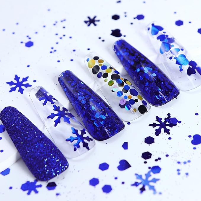 Snowflake Nail Art Glitter Blue Winter Nail Sequins Flakes, Blue Manicure fine Glitter Powder, 3D Holographic Heart Round Hexagon Butterfly Nail Stickers Decals Supplies Nail Charms for Women 6 Box