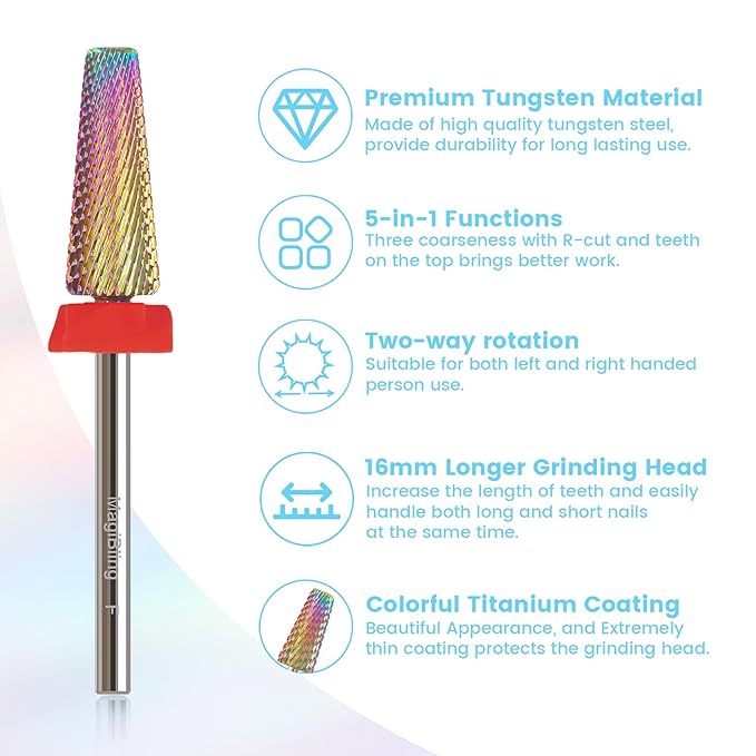 F 5 in 1 Nail Drill Bits, 16mm Tapered 3/32'' Professional Tungsten Carbide Bit for Efile, 2 Rotation for Electric Drill, Remove Thick Thin Gel, Manicure Cuticle Gel Polishing, Technicians Bits, Fine.